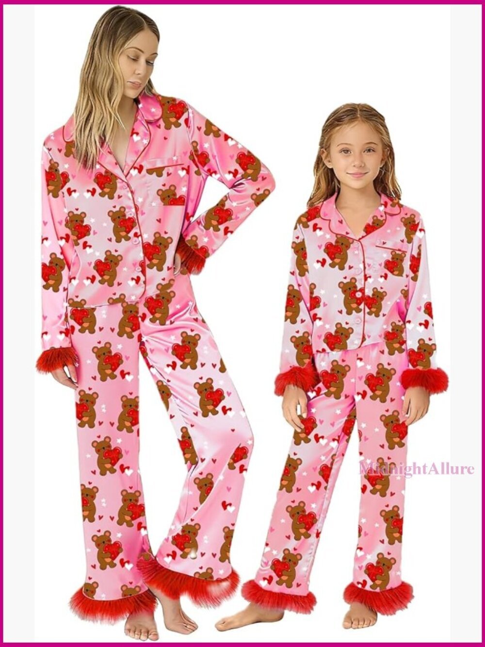 Mommy and Me Pajamas Set Satin Feather Trim Bear Heart Pjs Mom Daughter